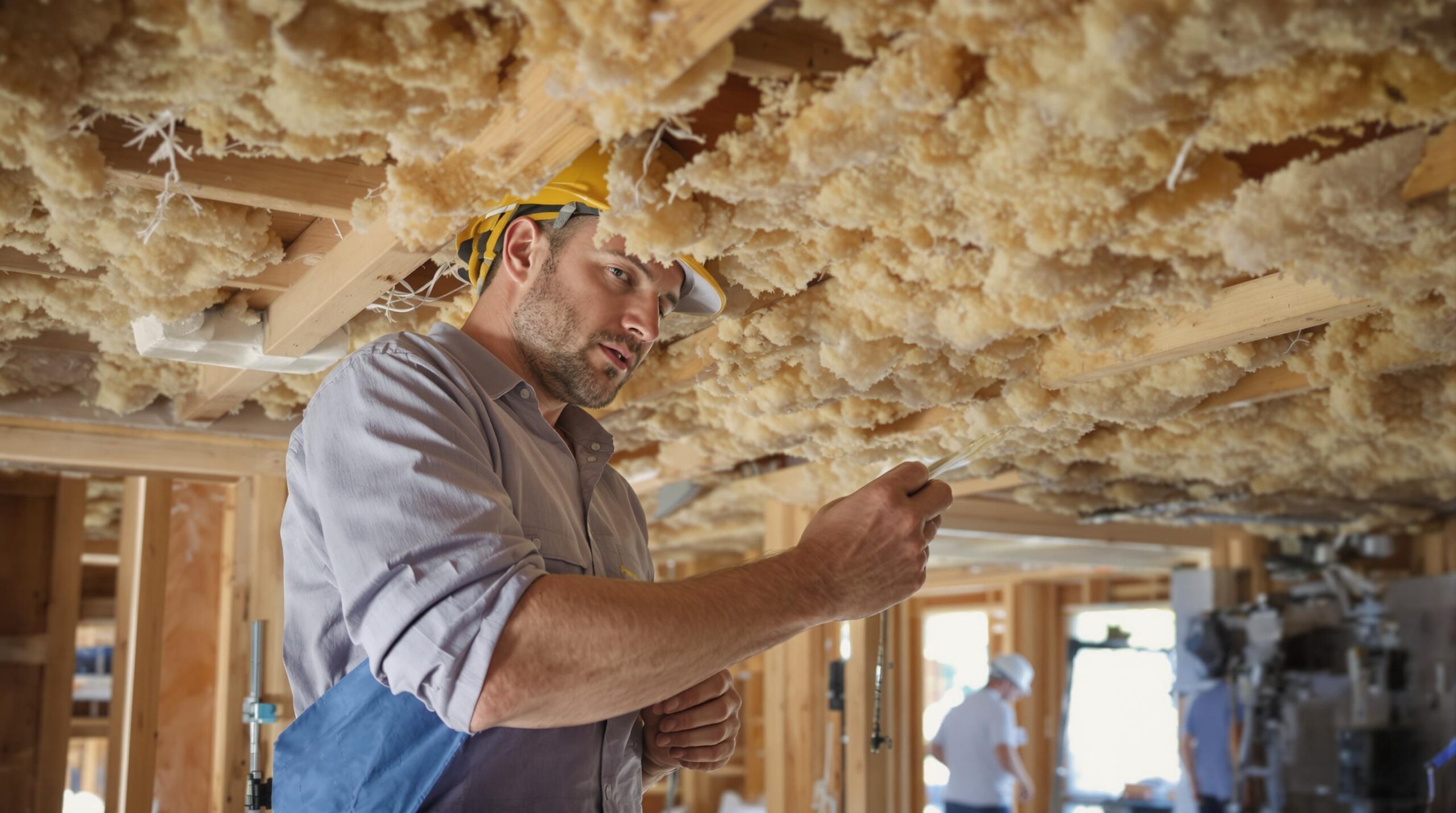 Worker installing insulation in ceiling.