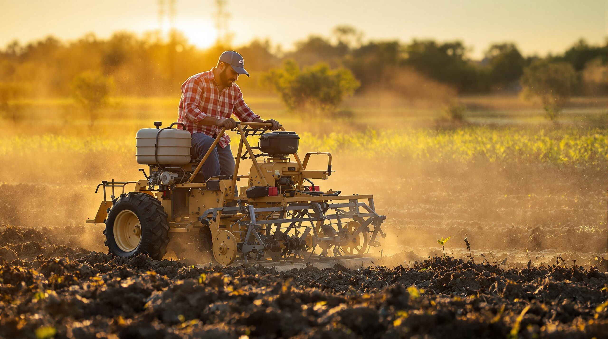 Farmer plowing field at sunset