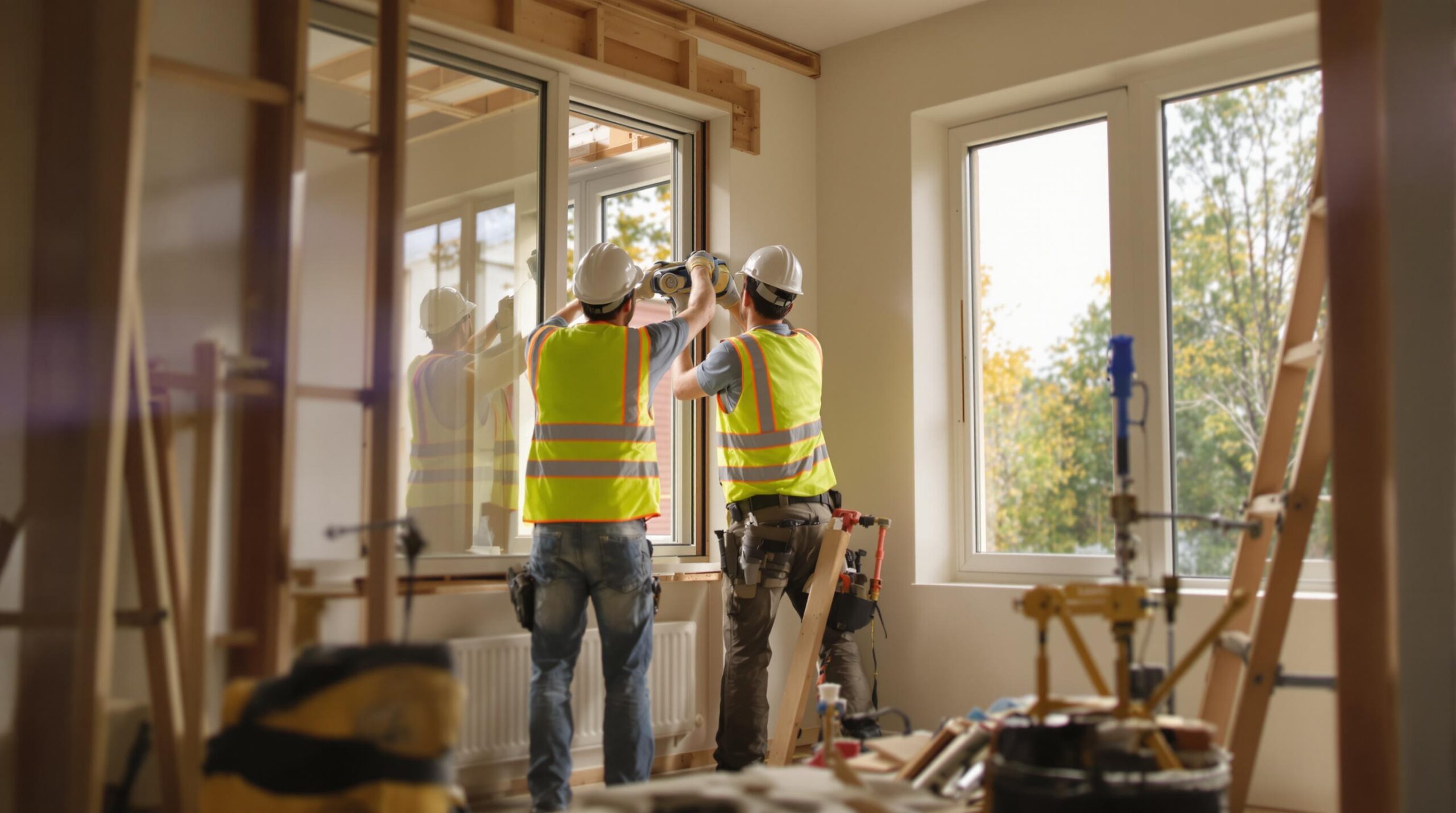 Two construction workers installing a window.