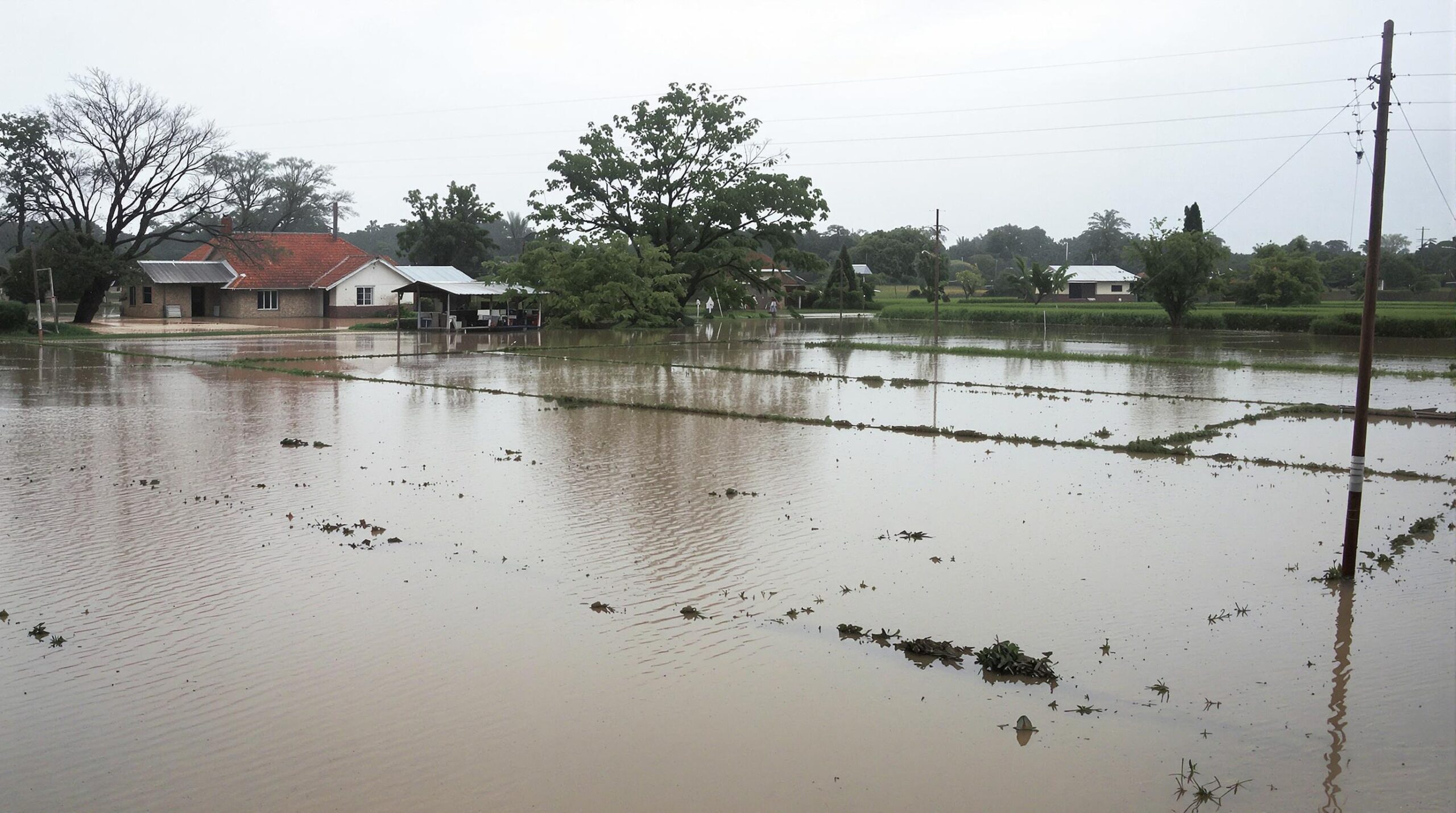 Flooded houses and rice paddies
