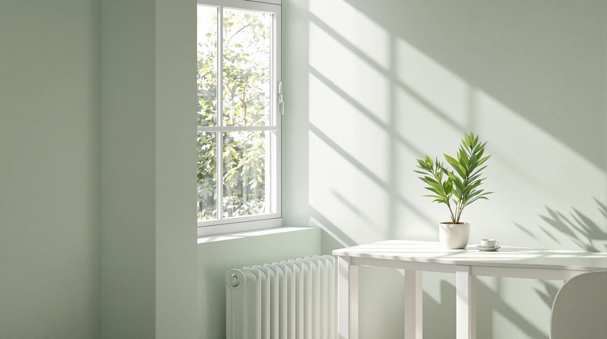 Sunlit room with plant on table.