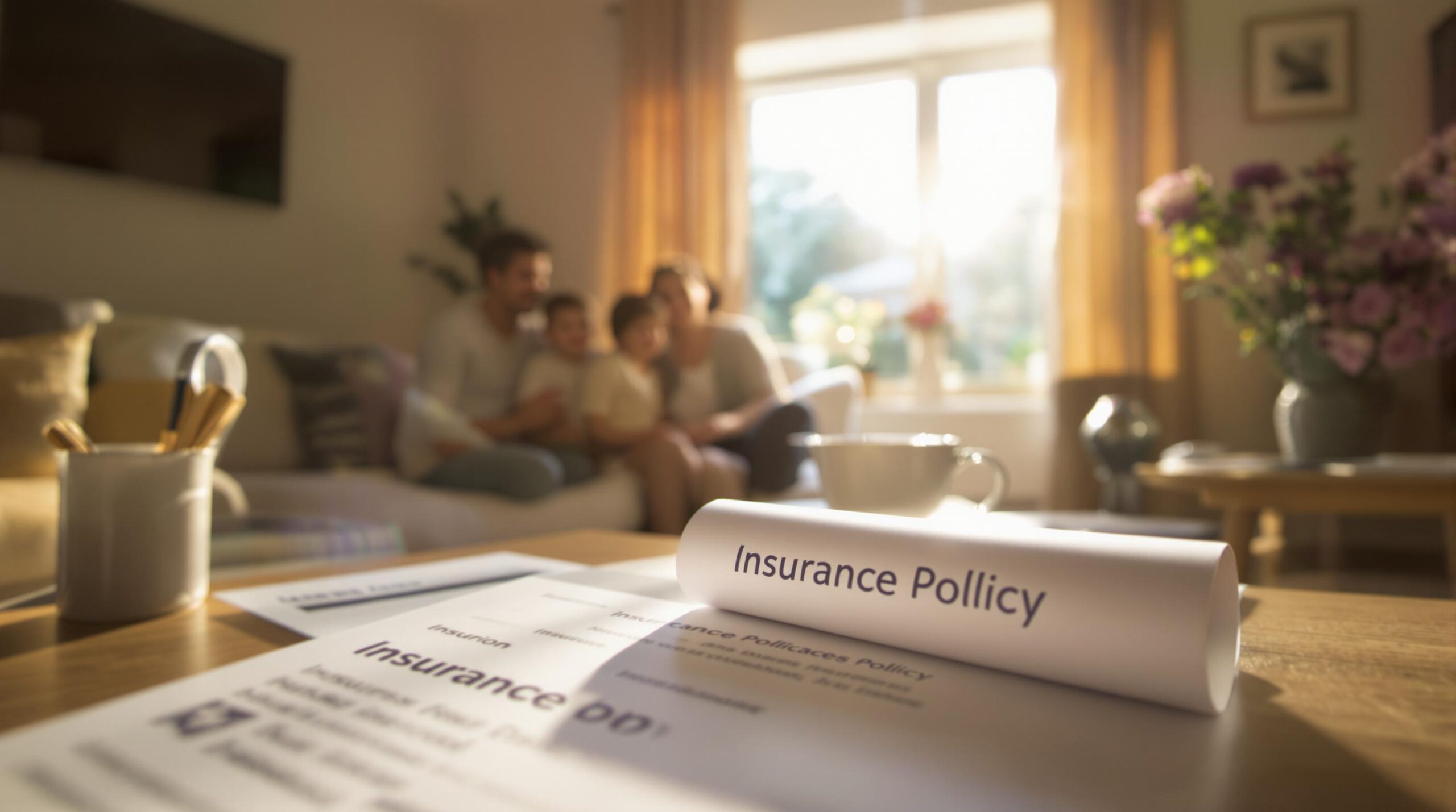 Family at home with insurance policy document.