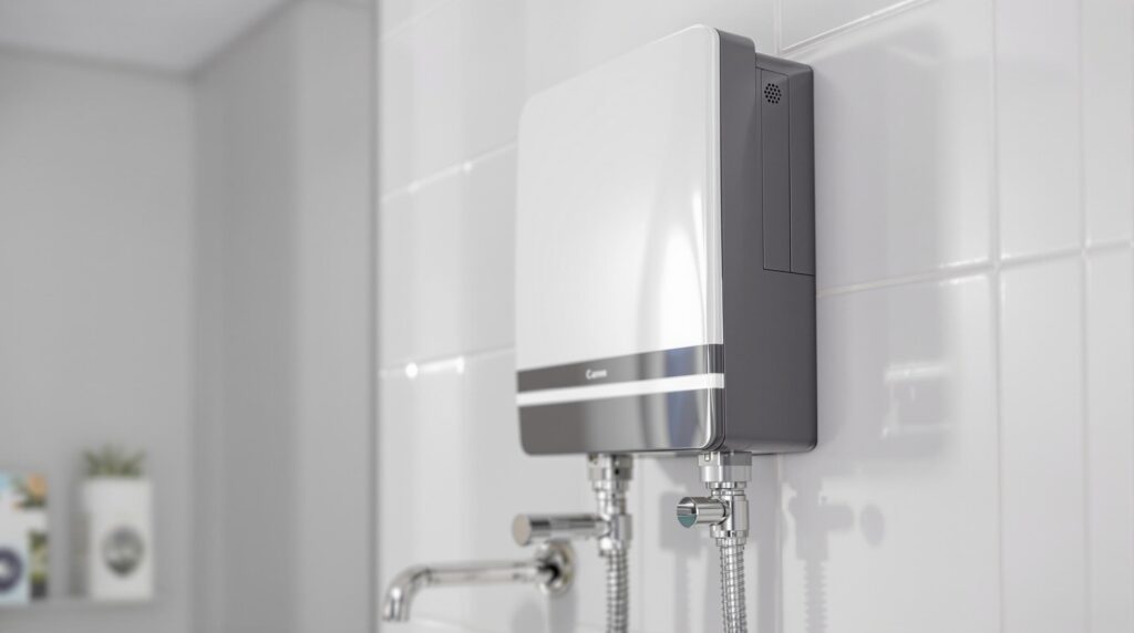 Modern electric water heater on tiled wall.