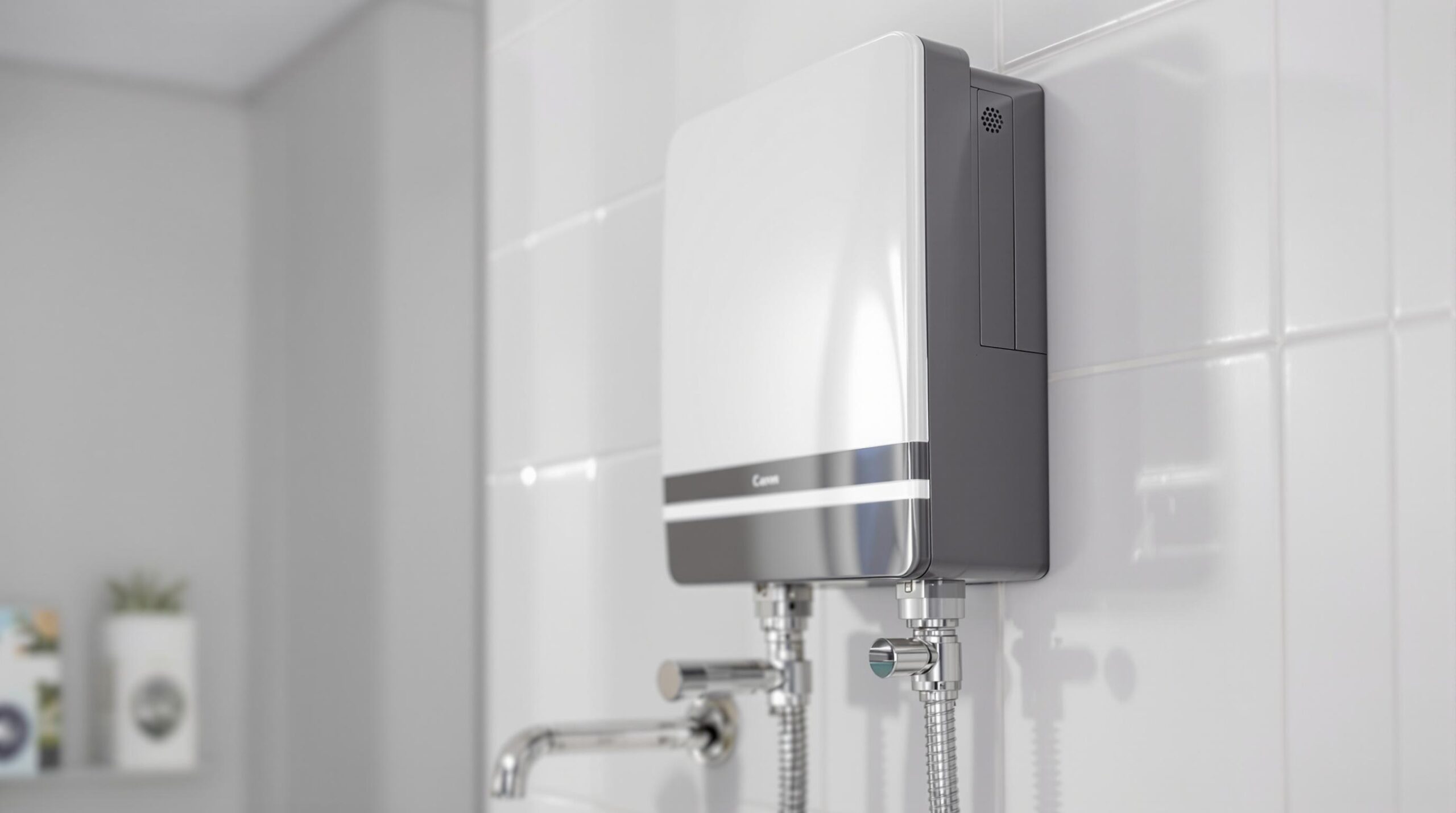 Modern electric water heater on tiled wall.
