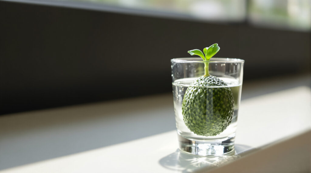 Avocado seed sprouting in a glass of water.
