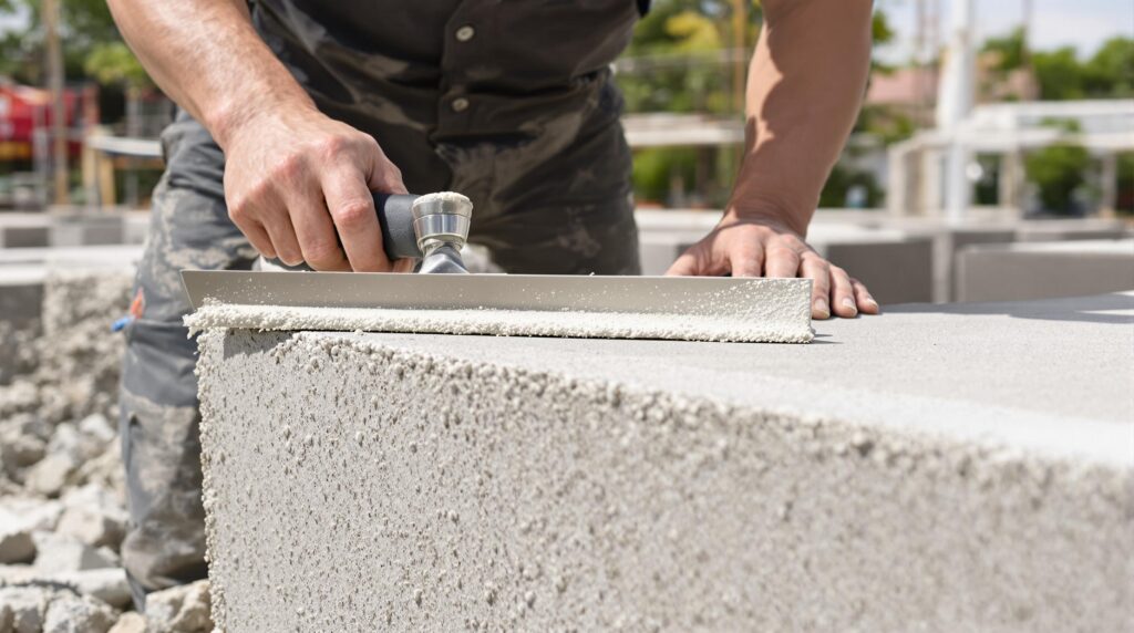 Mason applying mortar to a concrete block.