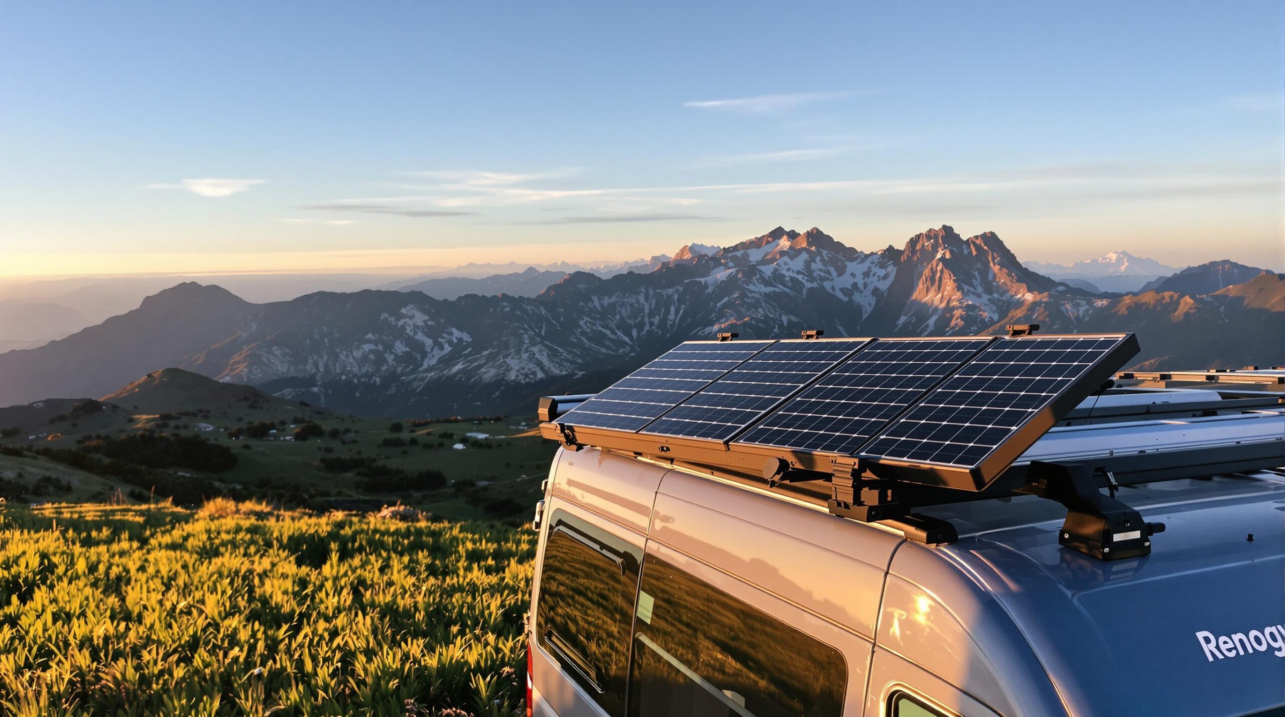 Van with solar panels on roof, mountain backdrop