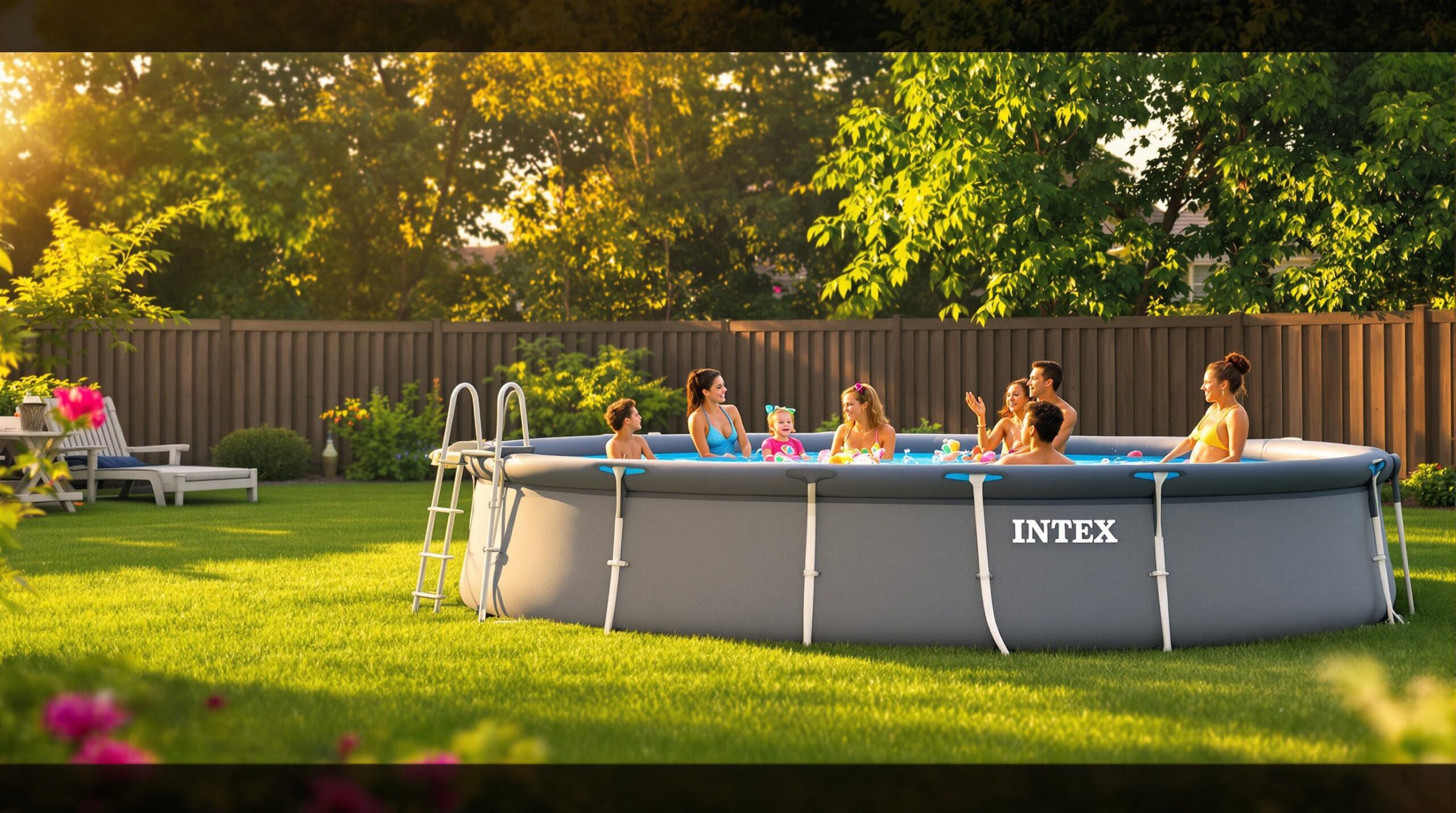 Family enjoying an Intex pool in the backyard.