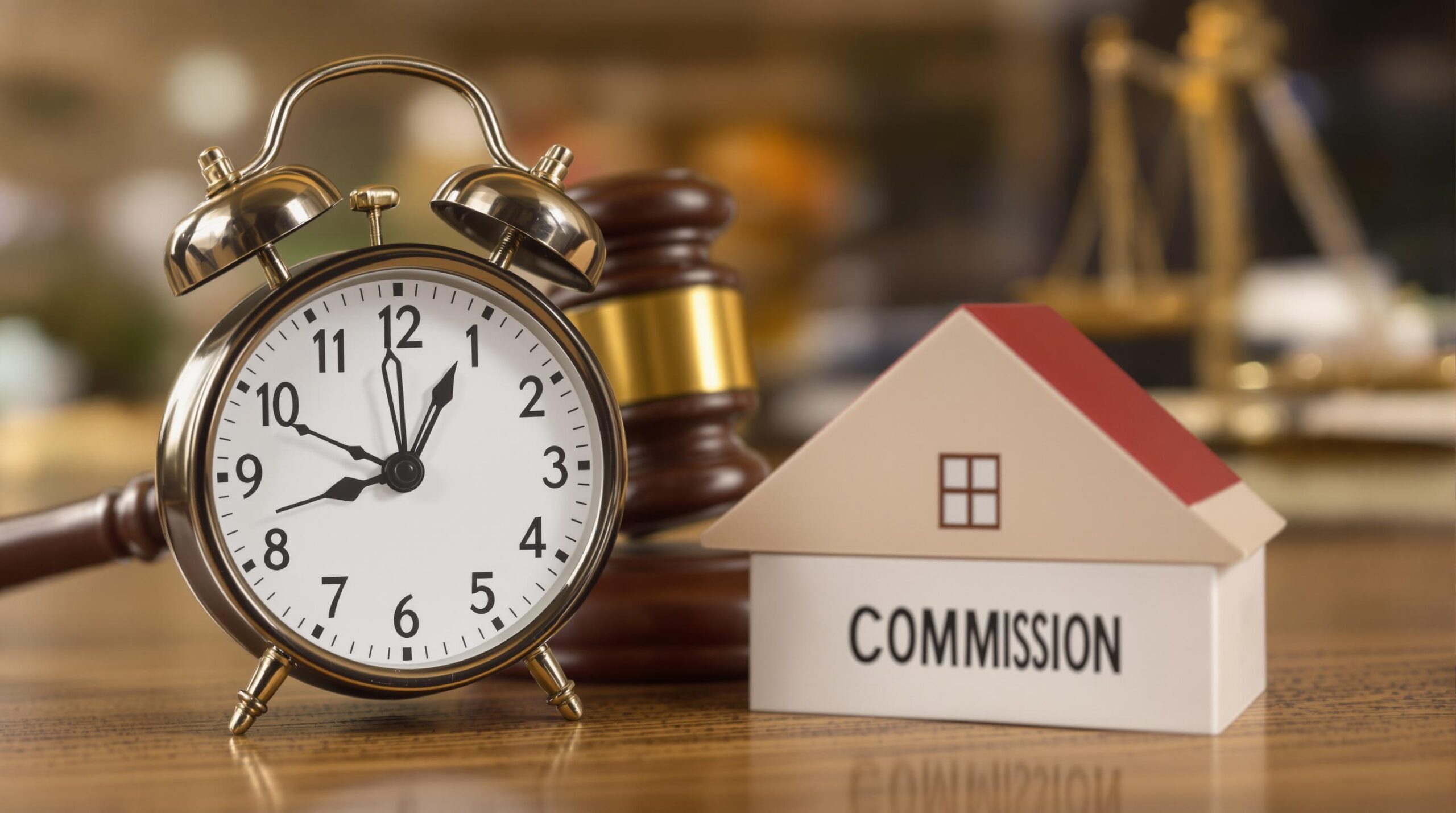 Clock, gavel, scales, and house model with "COMMISSION" text