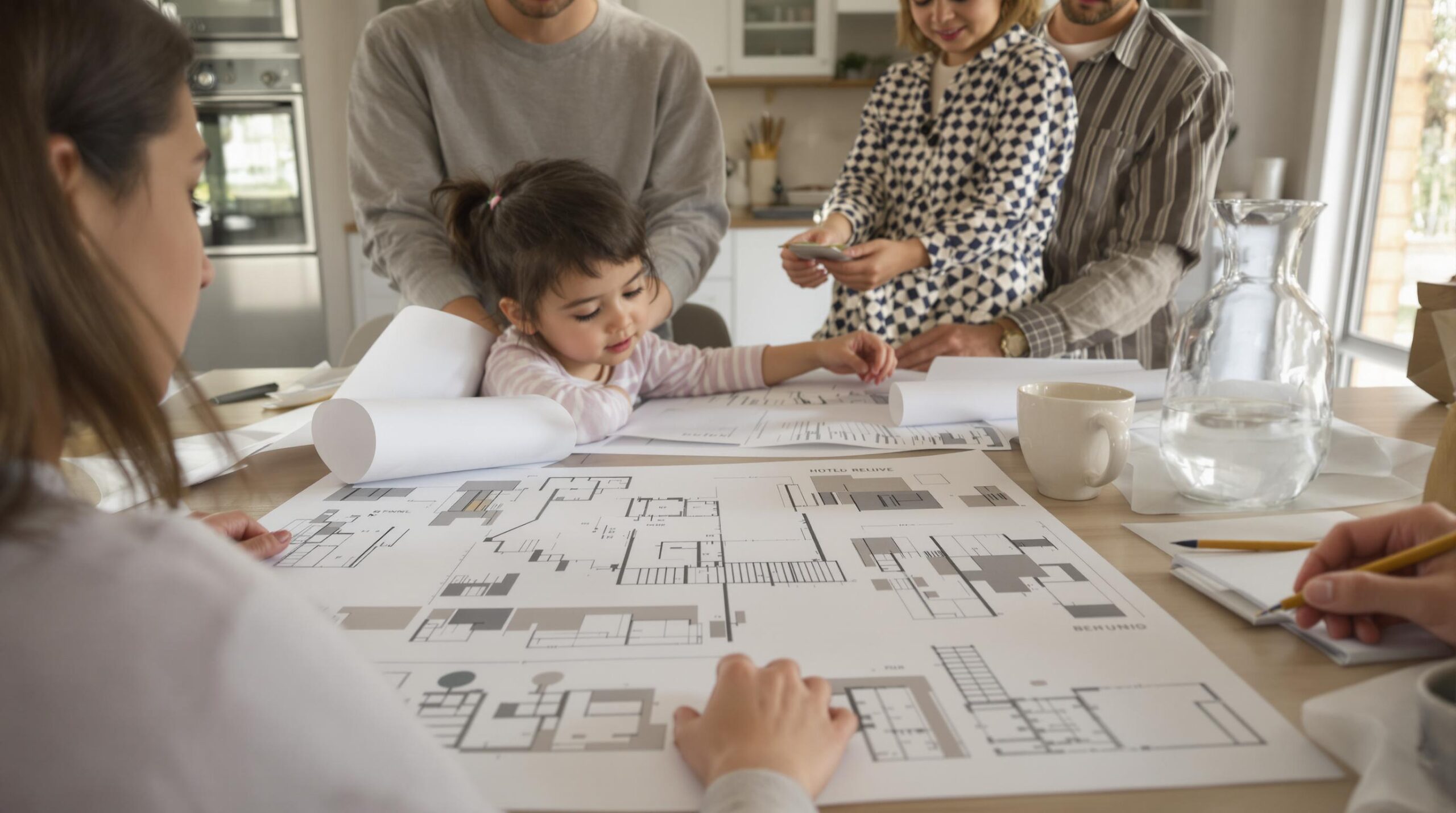 Family reviewing house plans together.