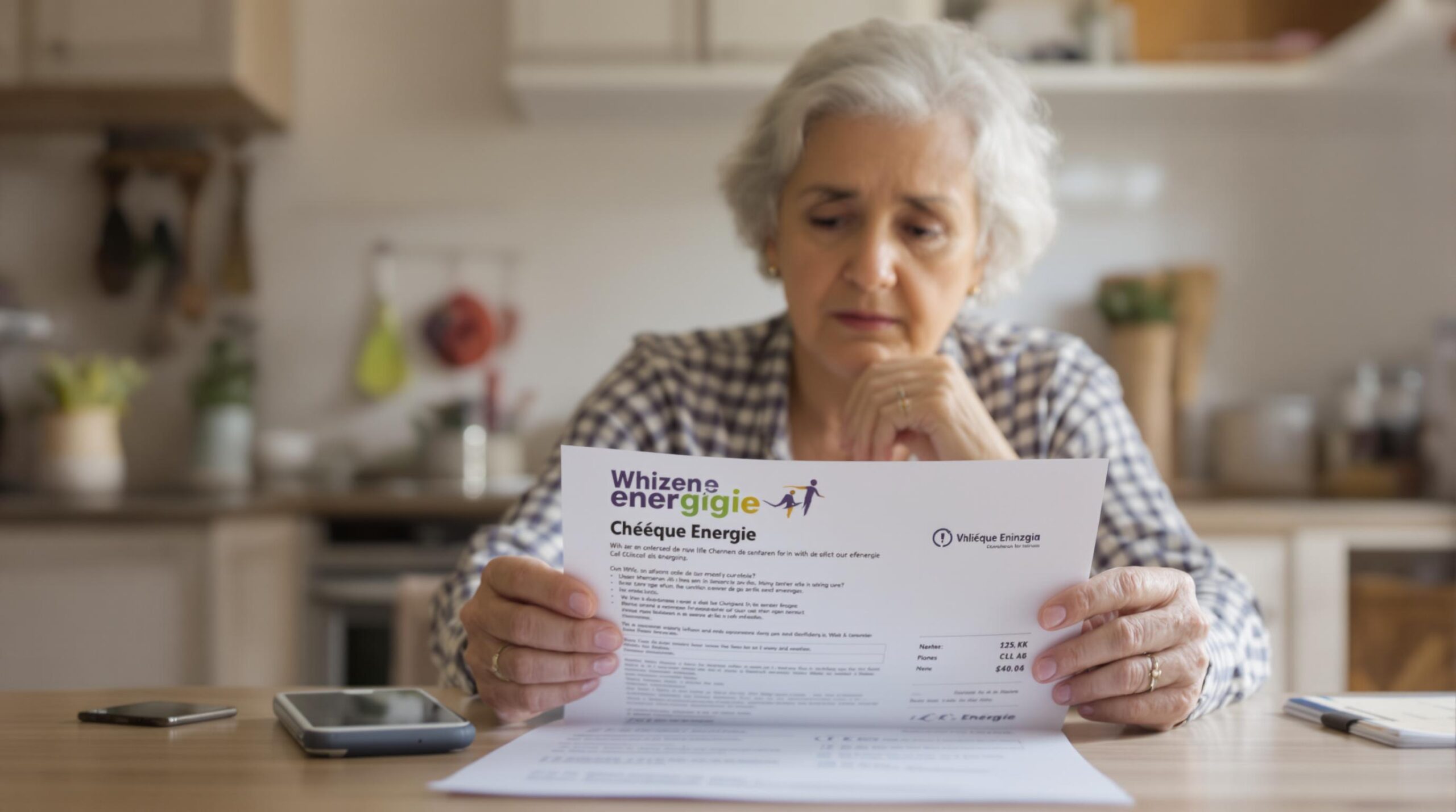 Senior woman looking worried while reading an energy bill.