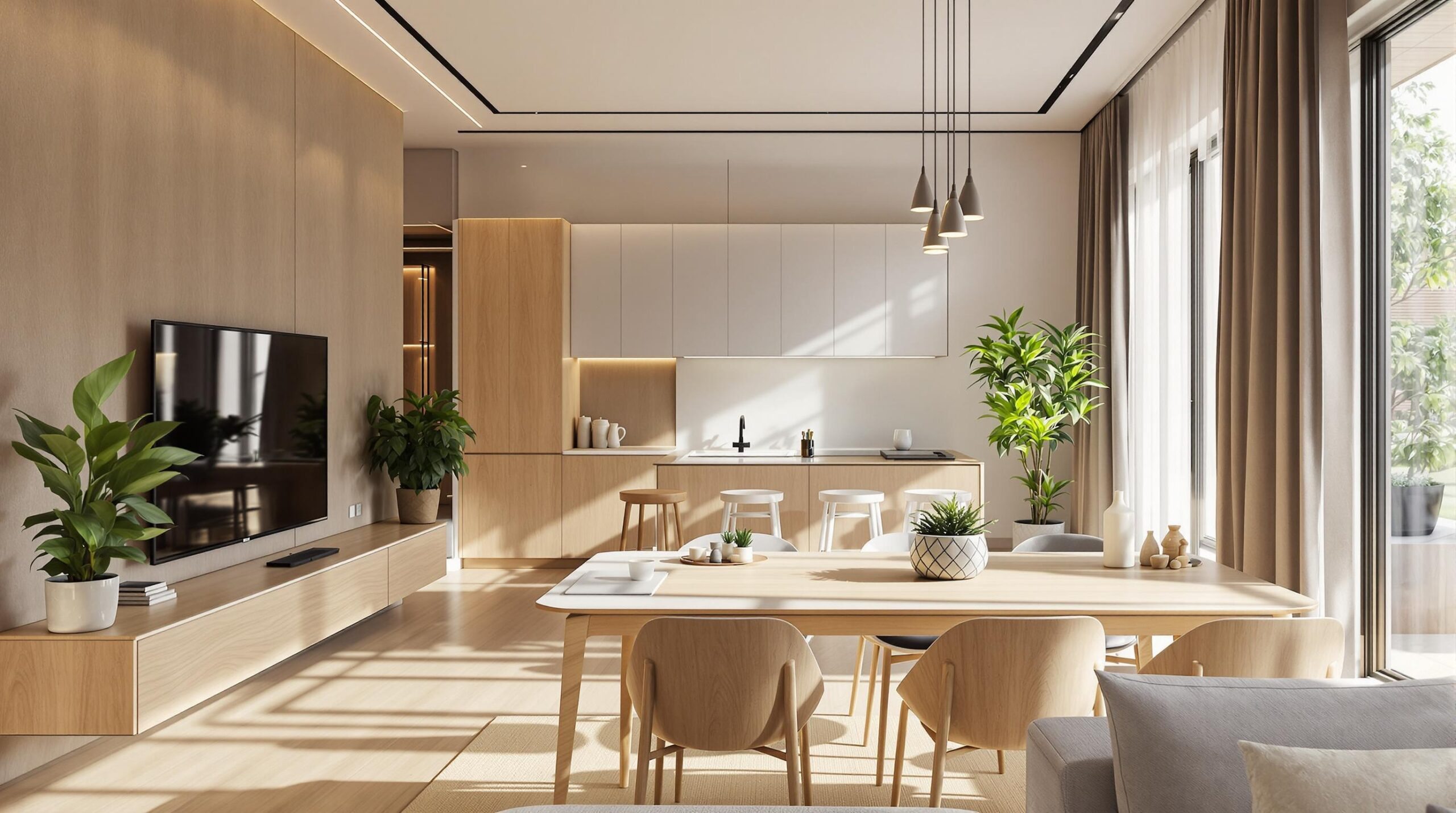 Modern open-plan living and dining area with natural light.