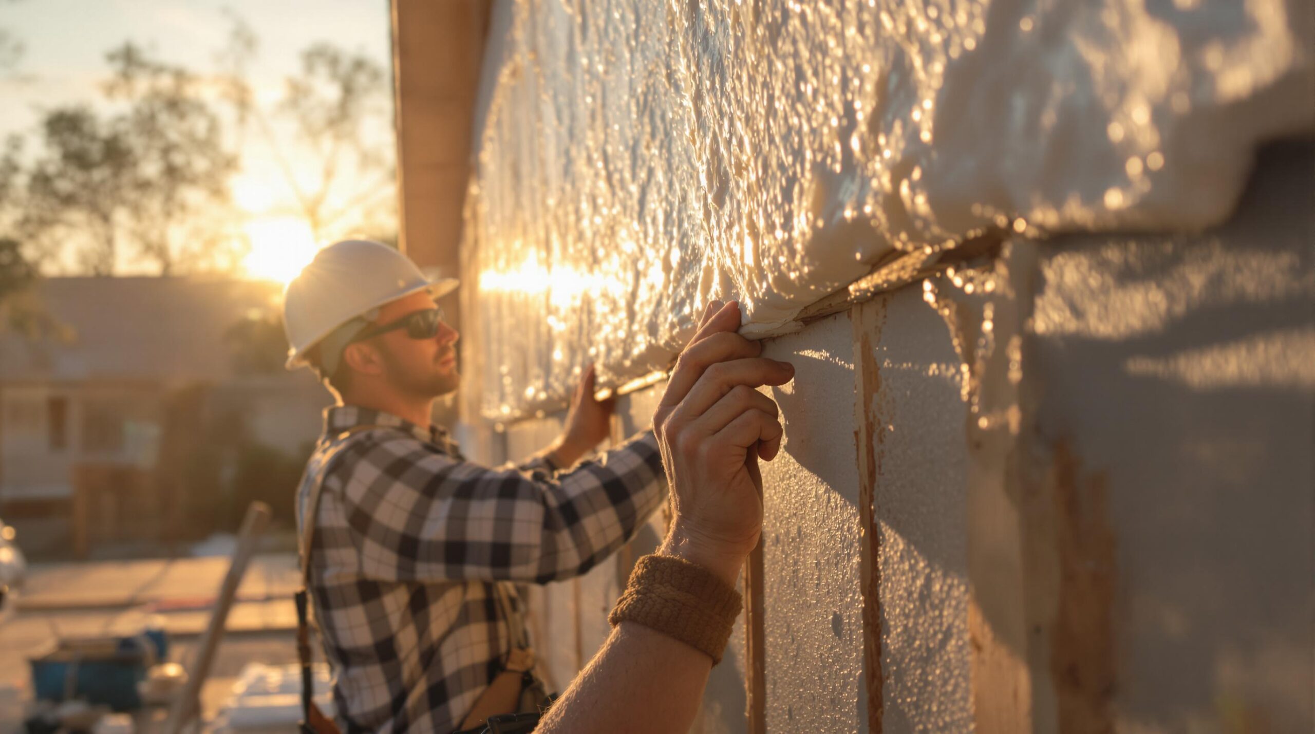 Construction worker applying stucco to a building facade.