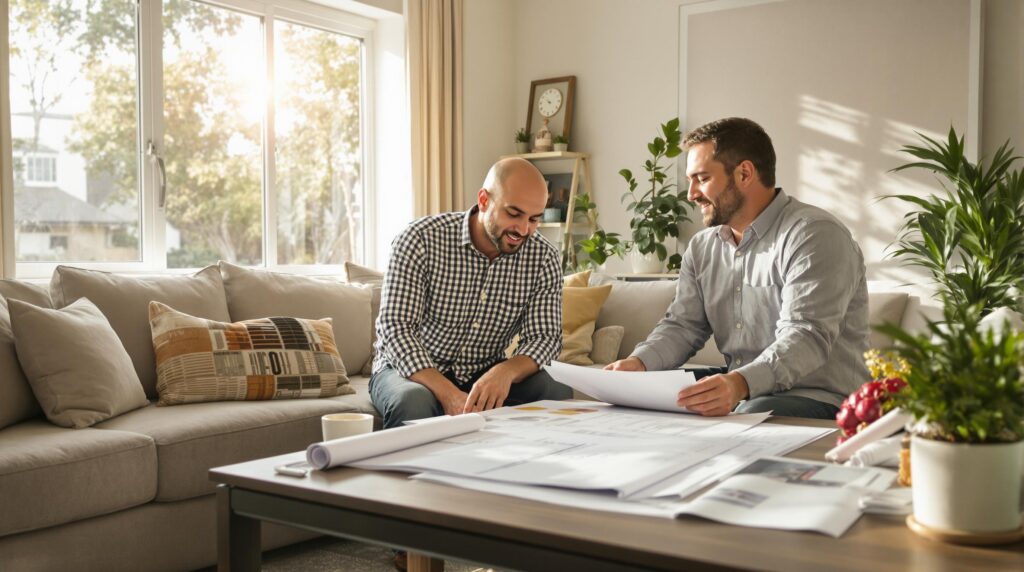 Two men reviewing architectural plans in a living room.