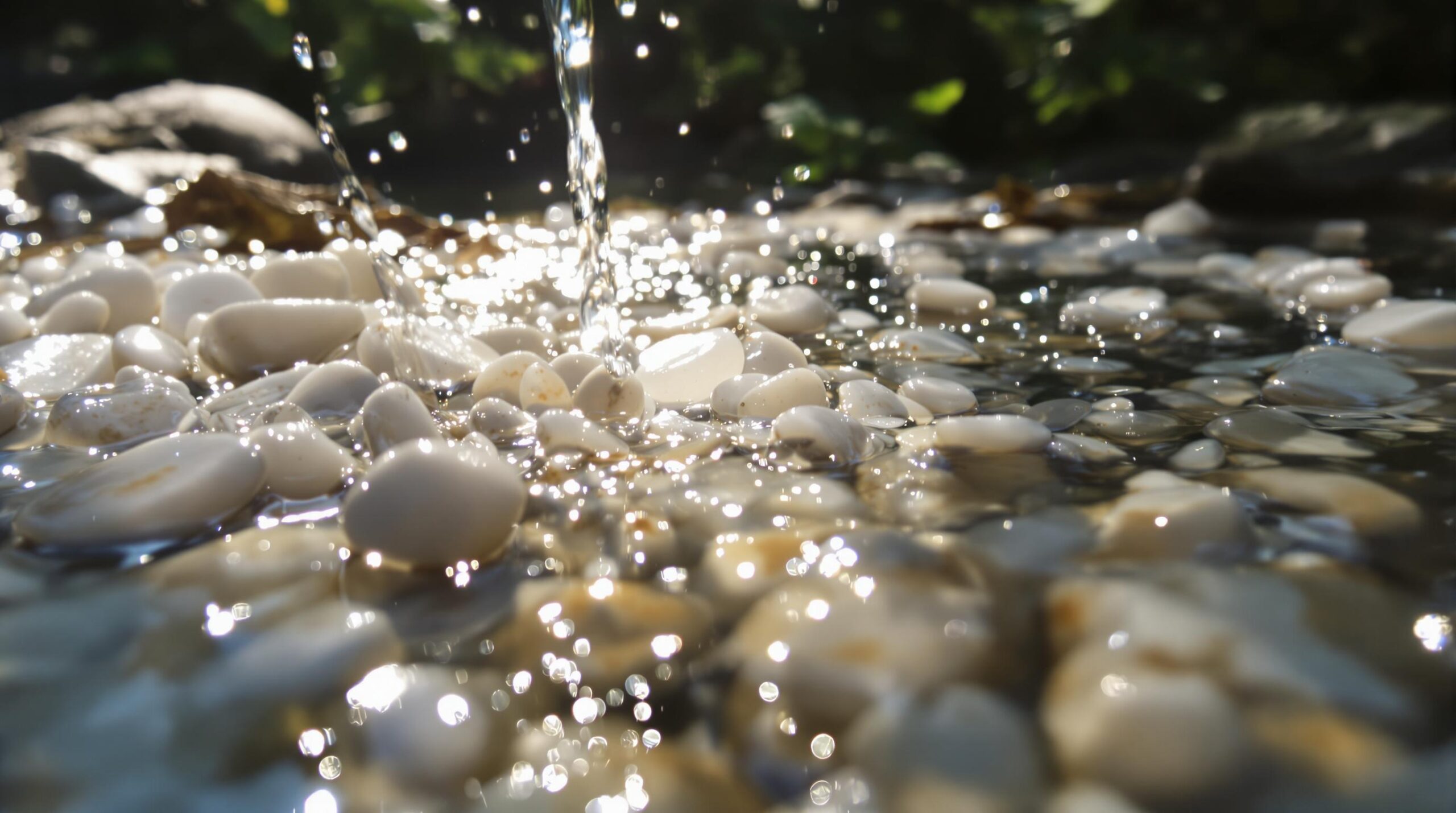 Water pouring onto white pebbles.