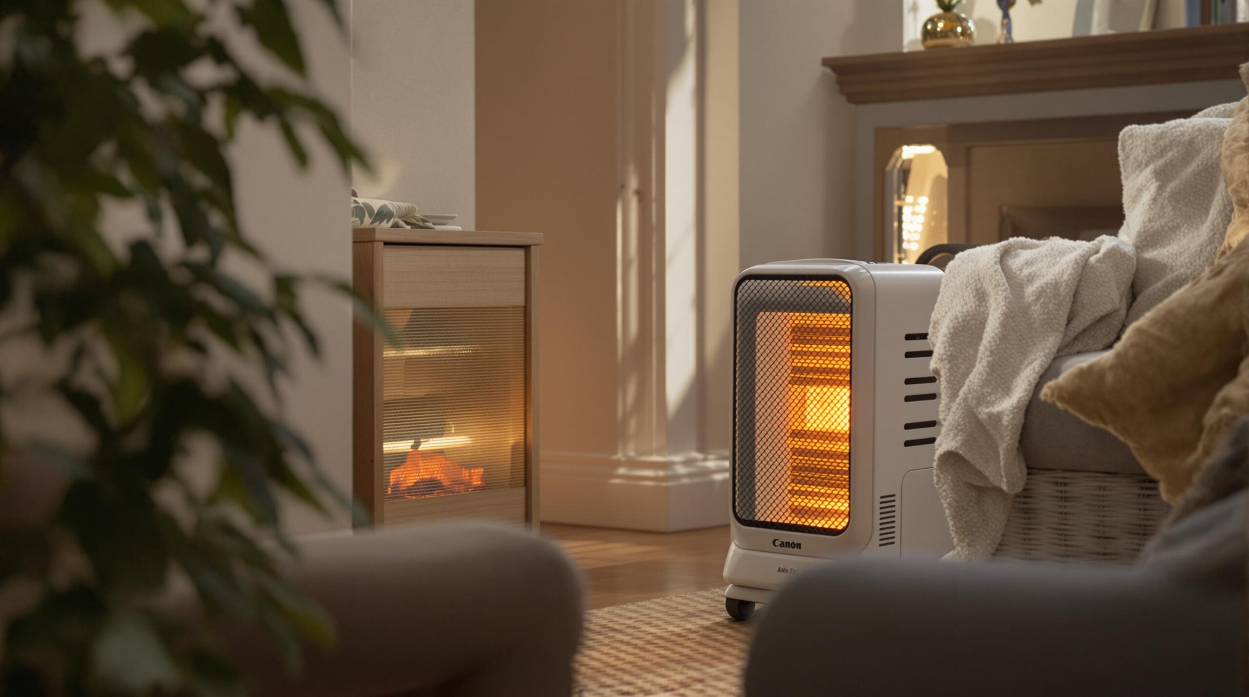 Modern white space heater in a living room setting