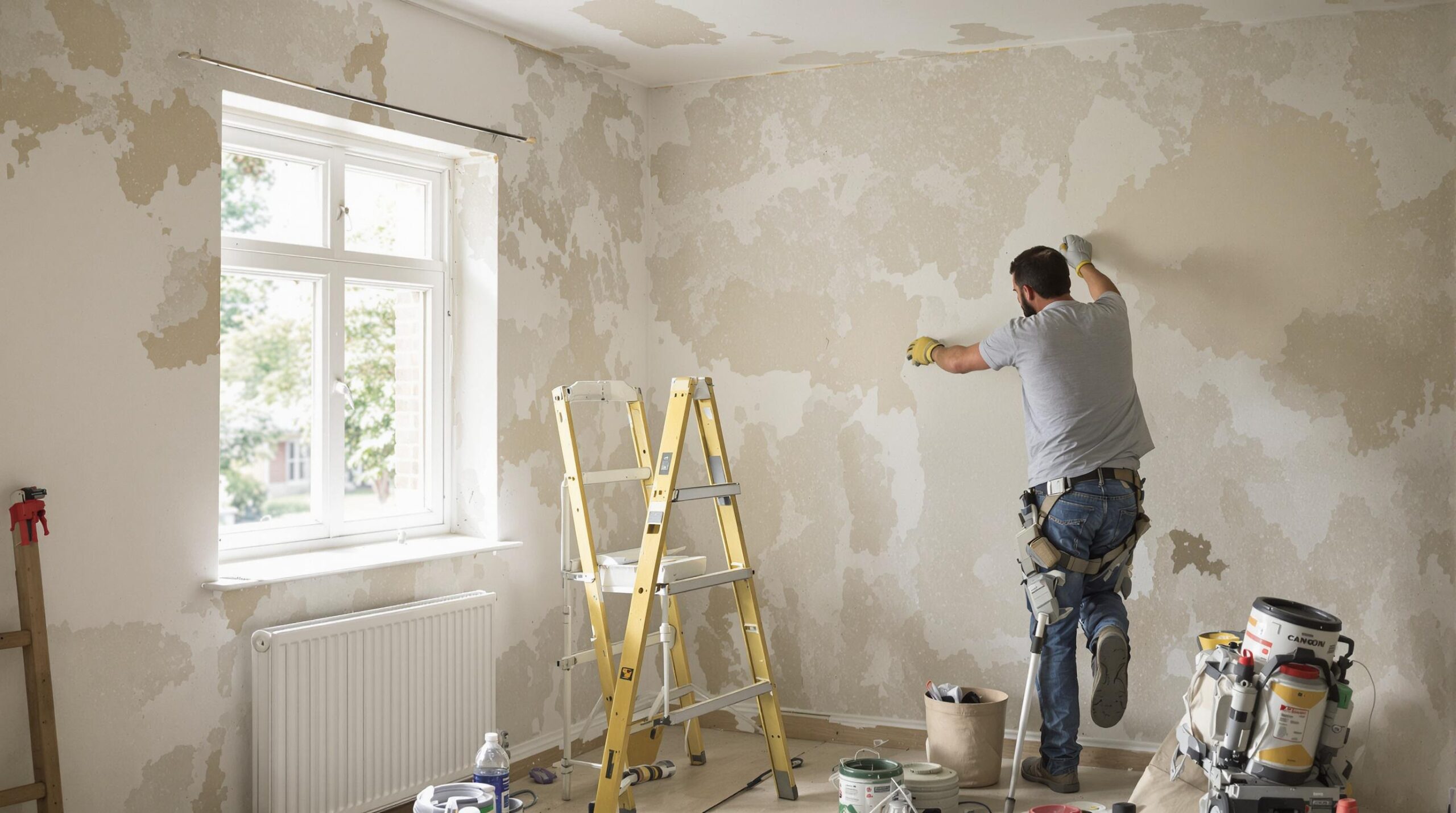 Man repairing damaged wall in room