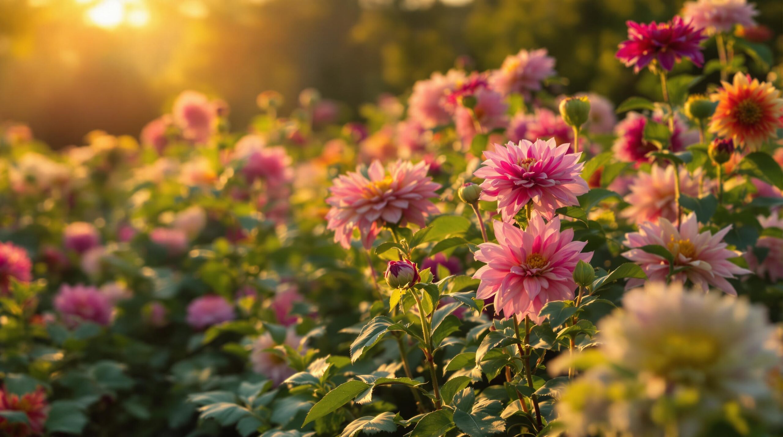 Field of pink dahlias at sunset
