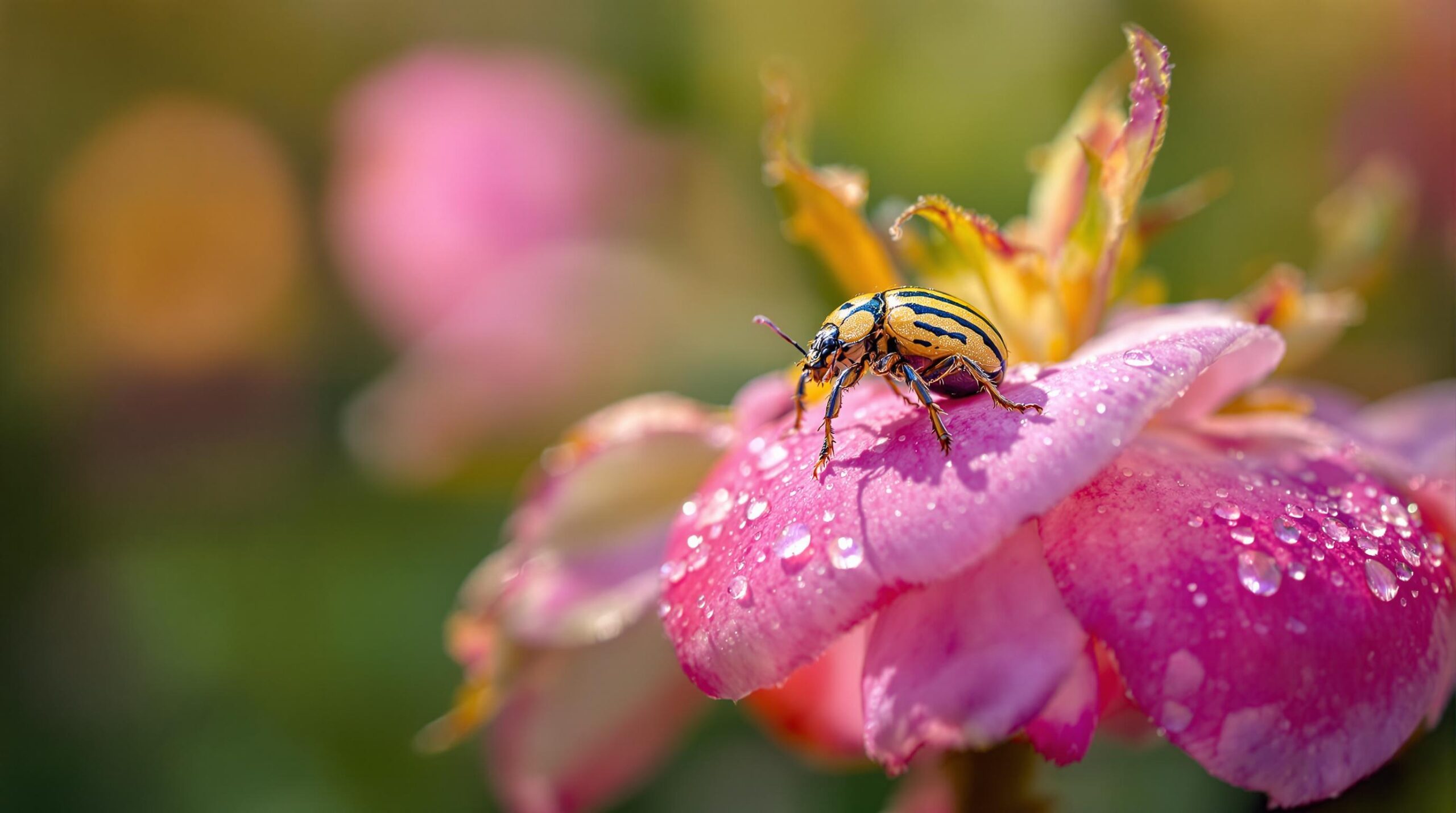 Striped beetle on a pink rose with water droplets