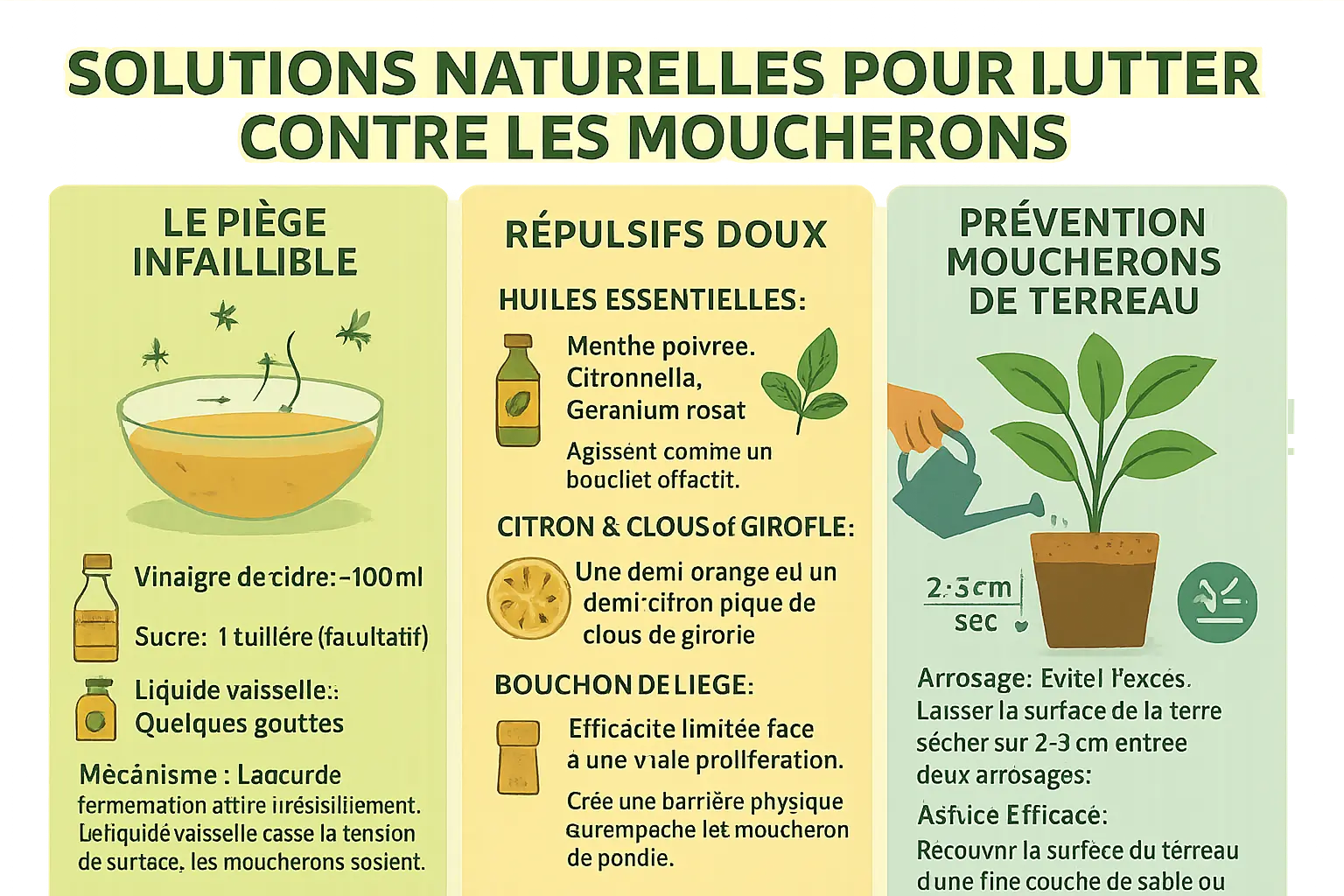 Piège maison anti-moucherons avec vinaigre de cidre et liquide vaisselle dans un bol, entouré de fruits frais