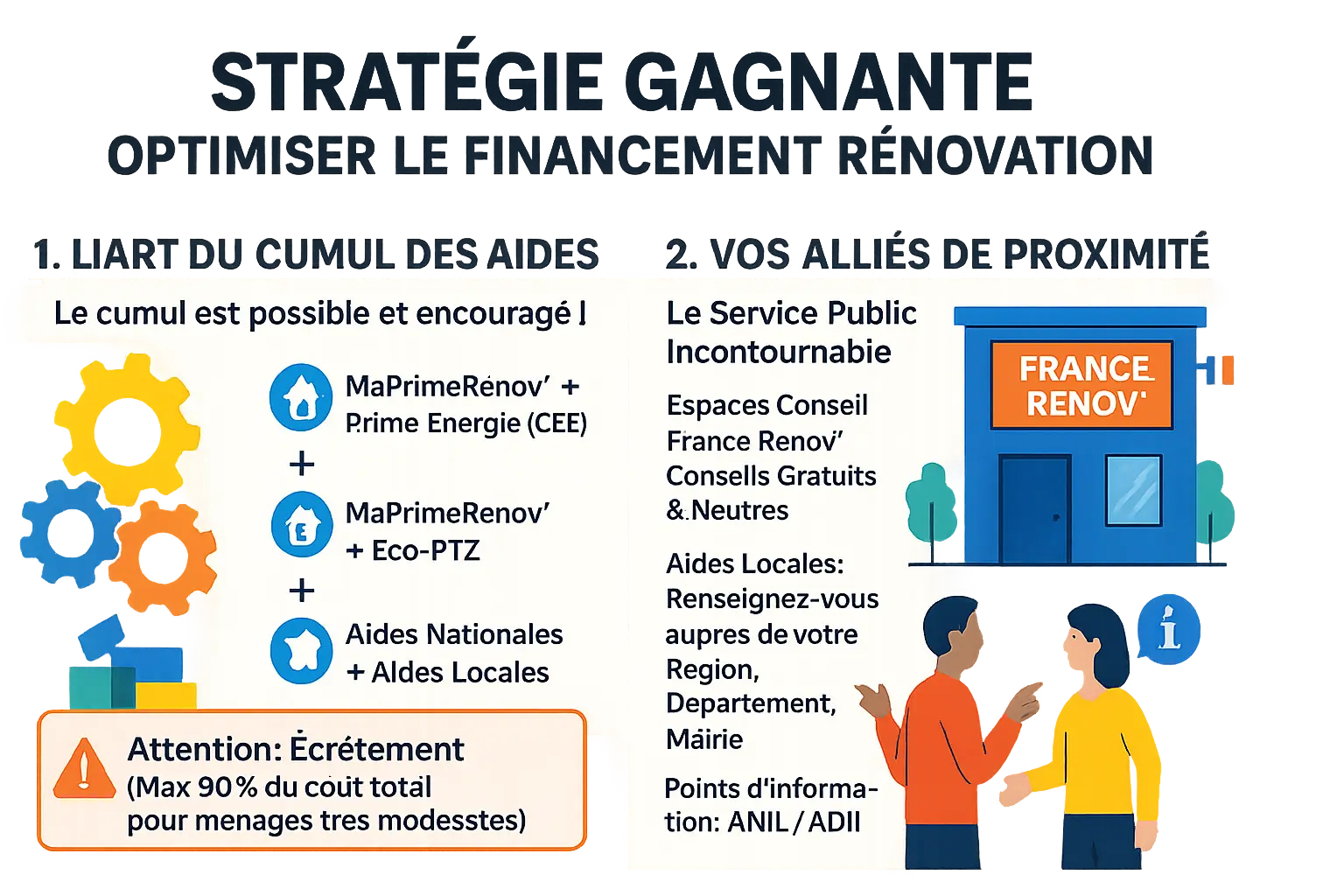 Élodie en train de discuter avec un artisan devant un plan de maison ancienne, symboles d'aides financières autour d'eux