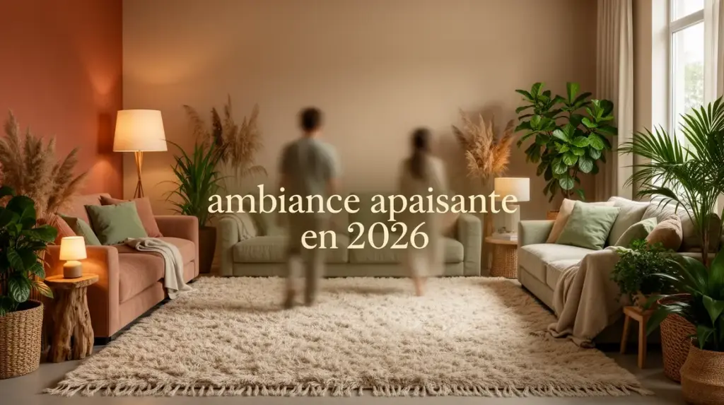 Salon apaisant 2026 deco terracotta beige vert sauge lumiere douce plantes
