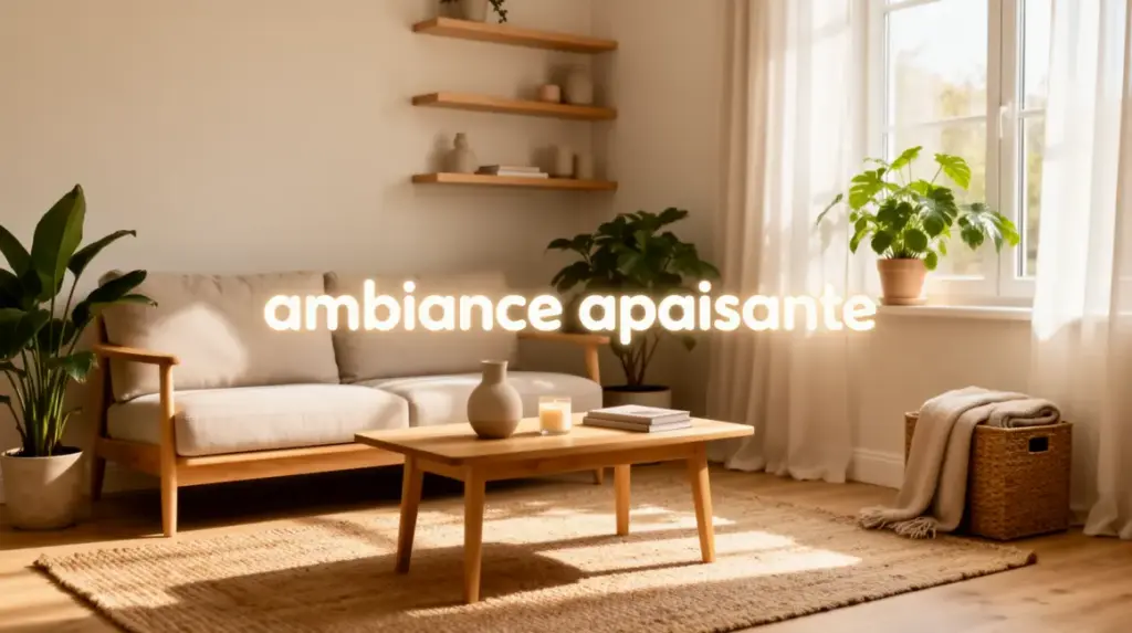 Salon lumineux ambiance apaisante meubles bois plantes