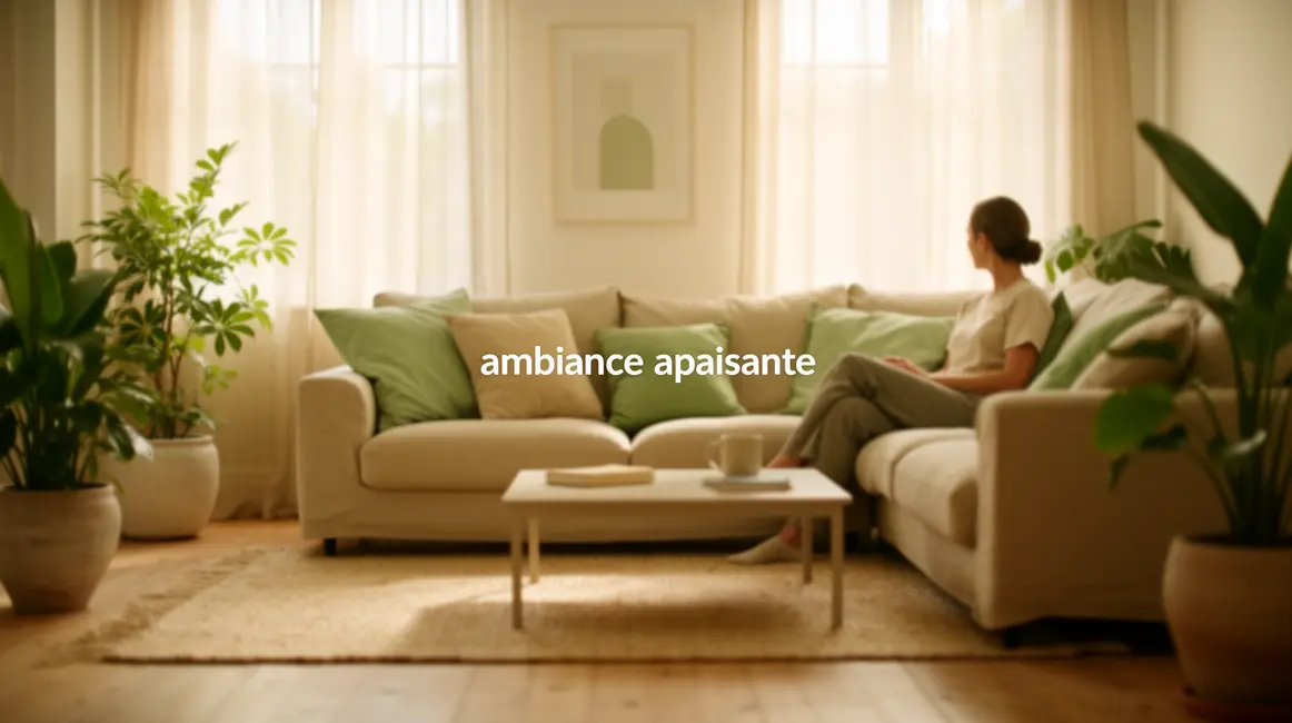 salon doux ambiance apaisante beige vert plantes coussins