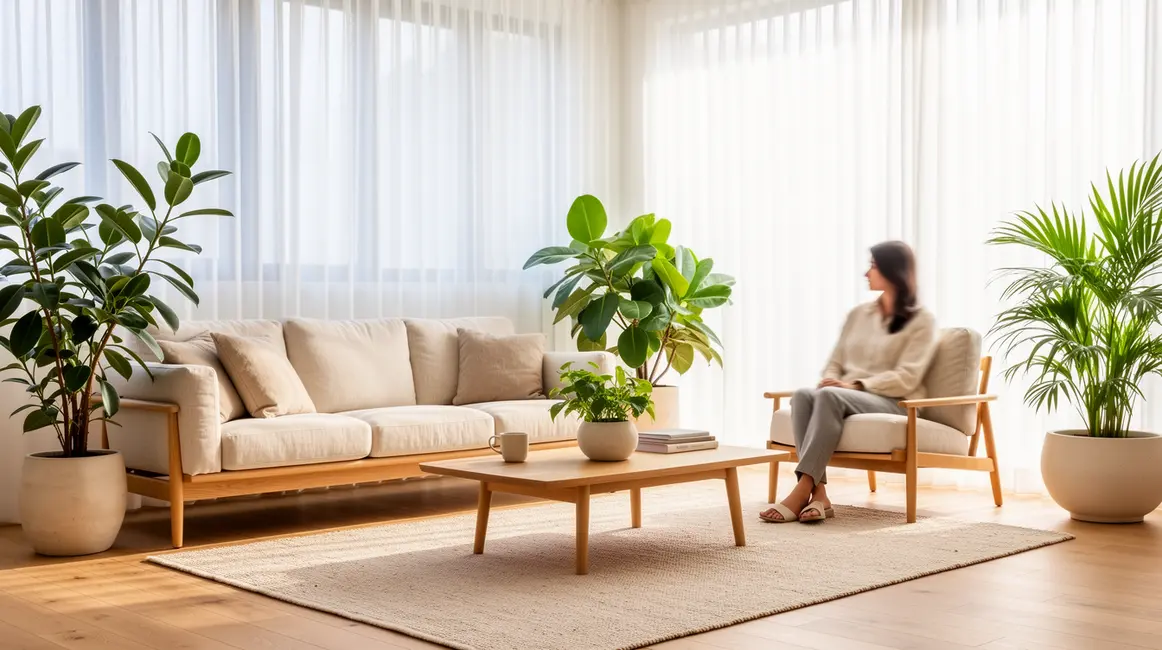 Ambiance apaisante salon lumineux minimaliste bois lin plantes