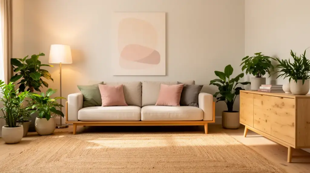 Salon ambiance apaisante avec lumière naturelle et déco douce