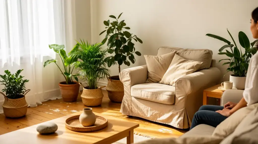 salon ambiance apaisante lumière naturelle fauteuil beige plantes vertes