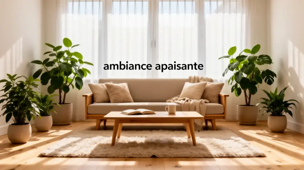 Ambiance apaisante salong bois clair textile beige plantes