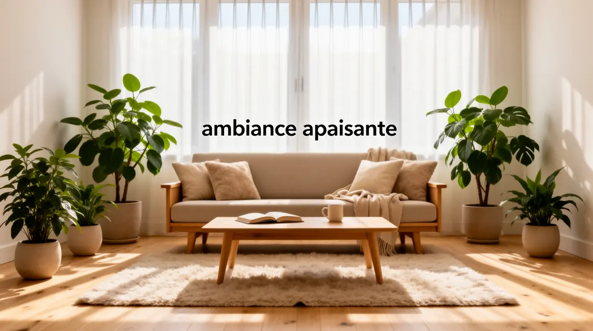 ambiance apaisante : guide débutant sans jargon 50 Ambiance apaisante salong bois clair textile beige plantes