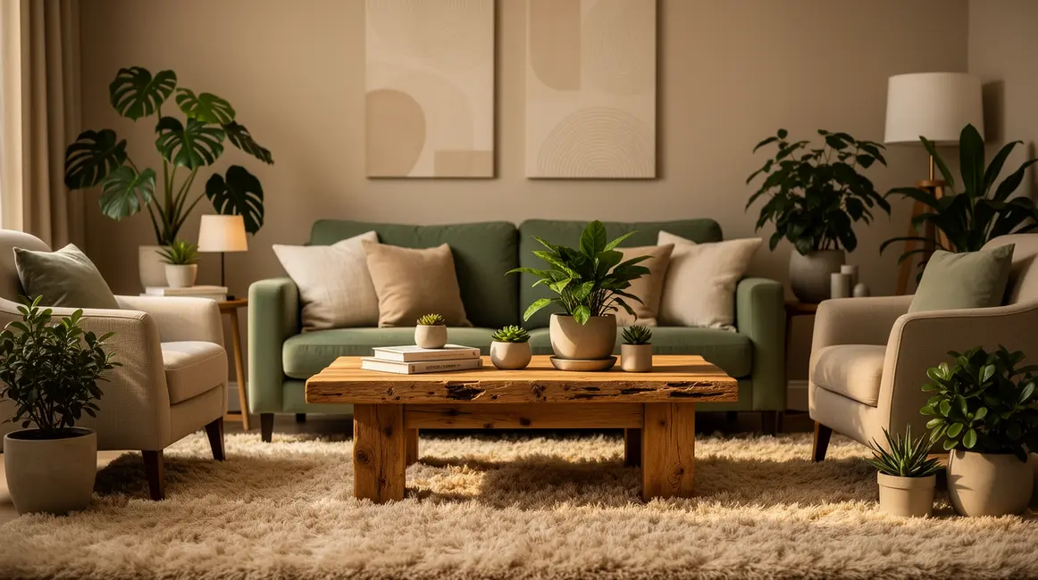 Salon moderne ambiance apaisante lumière douce vert sauge