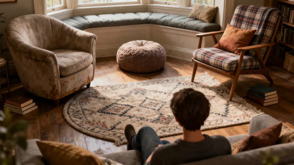 Différentes assises confortables dans un coin lecture cosy