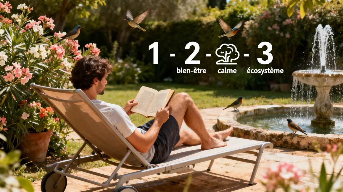 jardin détente : avantages, limites et alternatives 2 Lecture sur transat dans jardin détente, ambiance apaisante et naturelle