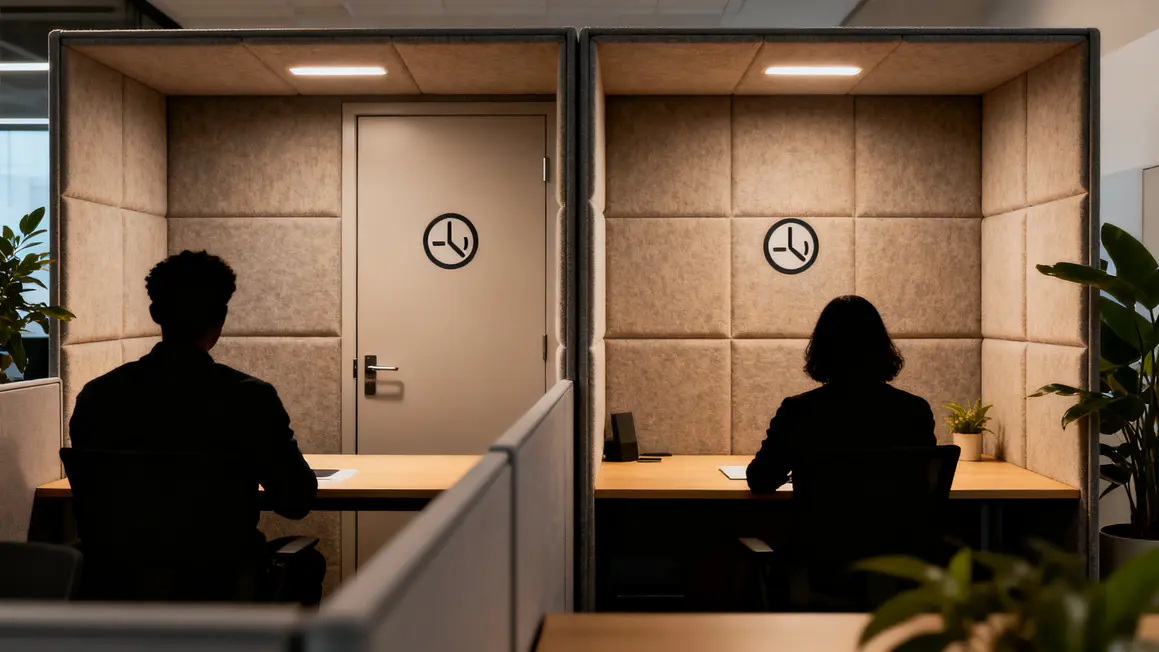bureau calme : avantages, limites et alternatives 2 cabine bureau calme avec cloisons et plantes