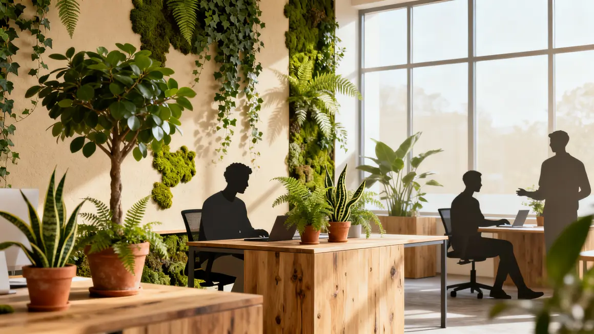bureau calme en 2026 : points clés à connaître 3 Bureau calme 2026 mur vegetal plantes mobilier bois ambiance apaisante