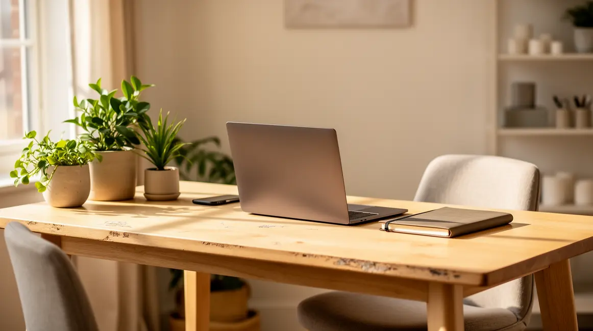 Bureau calme lumineux bois et plantes