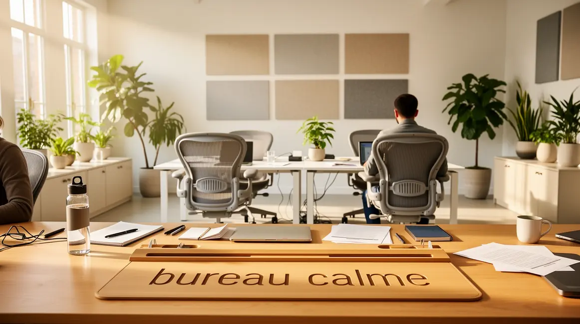 Espace bureau calme lumineux avec plantes et panneaux acoustiques