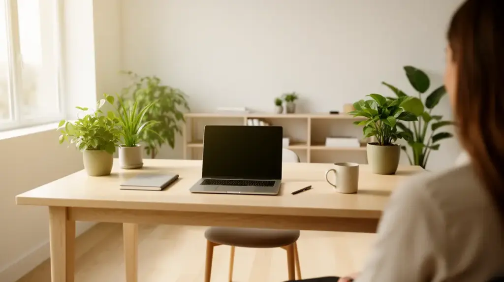 Bureau calme minimaliste avec plantes et lumière naturelle