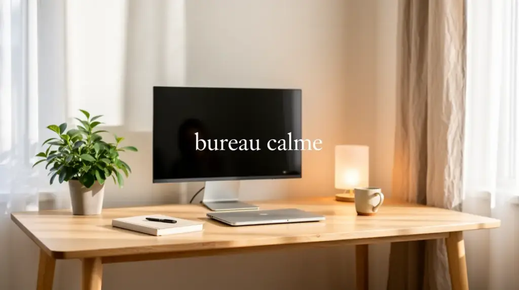 bureau calme minimaliste et lumineux plante et lampe
