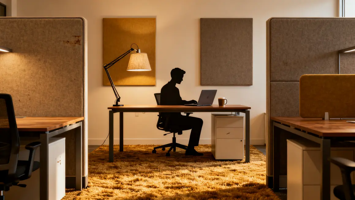bureau calme : comparatif des options possibles 2 Bureau calme avec panneaux acoustiques et lampe réglable