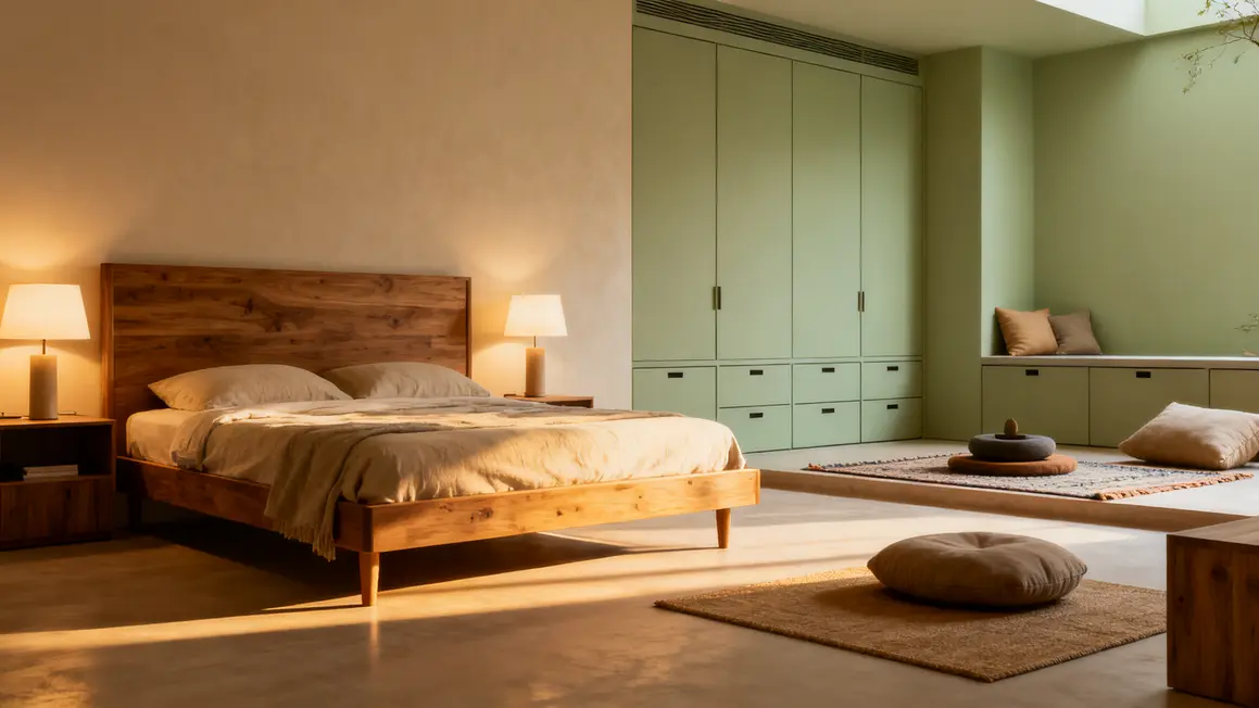 chambre zen agencement minimaliste lit bois rangements