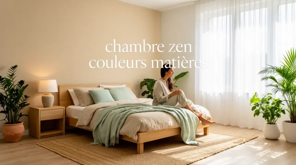 Vue chambre zen moderne, palette beige, bois clair, plante verte