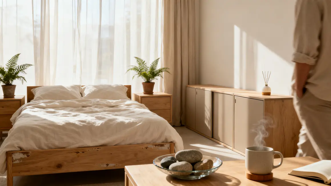chambre zen epuree mobilier bois draps blancs plantes