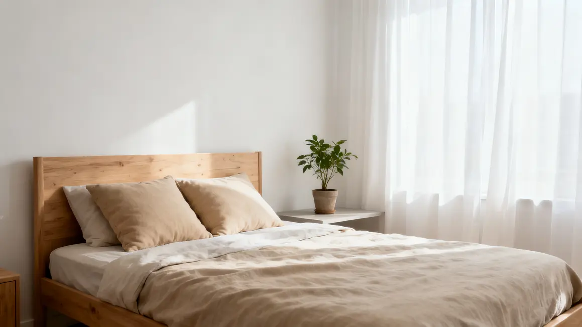 chambre zen : bonnes pratiques pour un résultat durable en petit budget 2 Chambre zen épurée lit bois clair coussins beiges plante lumière naturelle