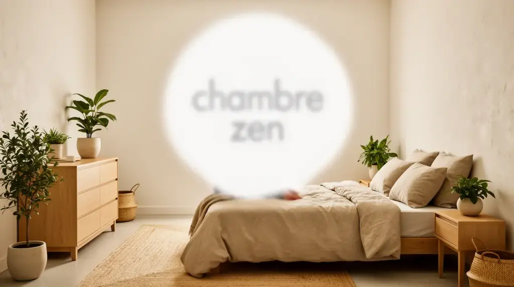 chambre zen epuree avec murs blanc casse, decorations naturelles