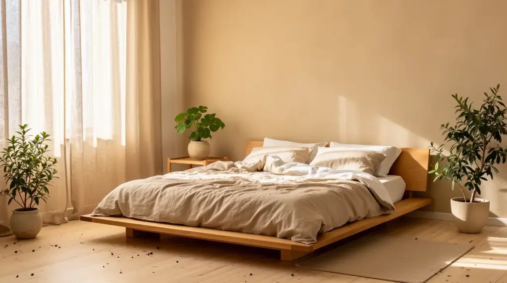 Vue d'une chambre zen avec lit bas bois clair, murs beiges et plantes
