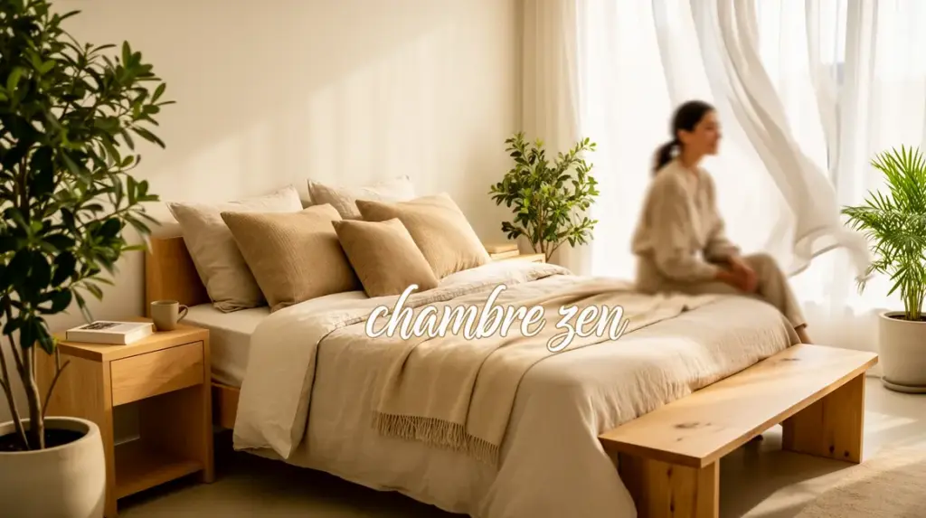 Chambre zen épurée avec éléments naturels